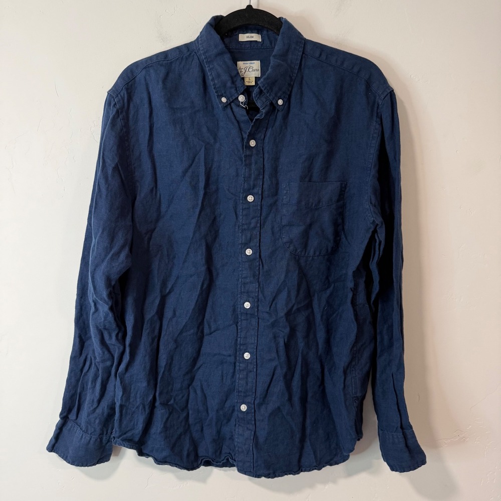 J.Crew Mens Baird McNutt Irish Linen Shirt Button Down Large Blue Slim K7899